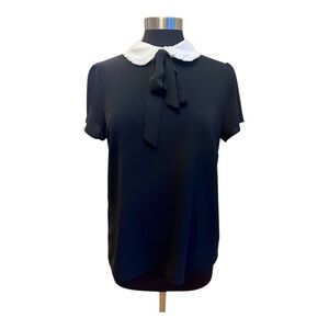 CeCe Black and White Tie Front Blouse with Peter Pan Collar